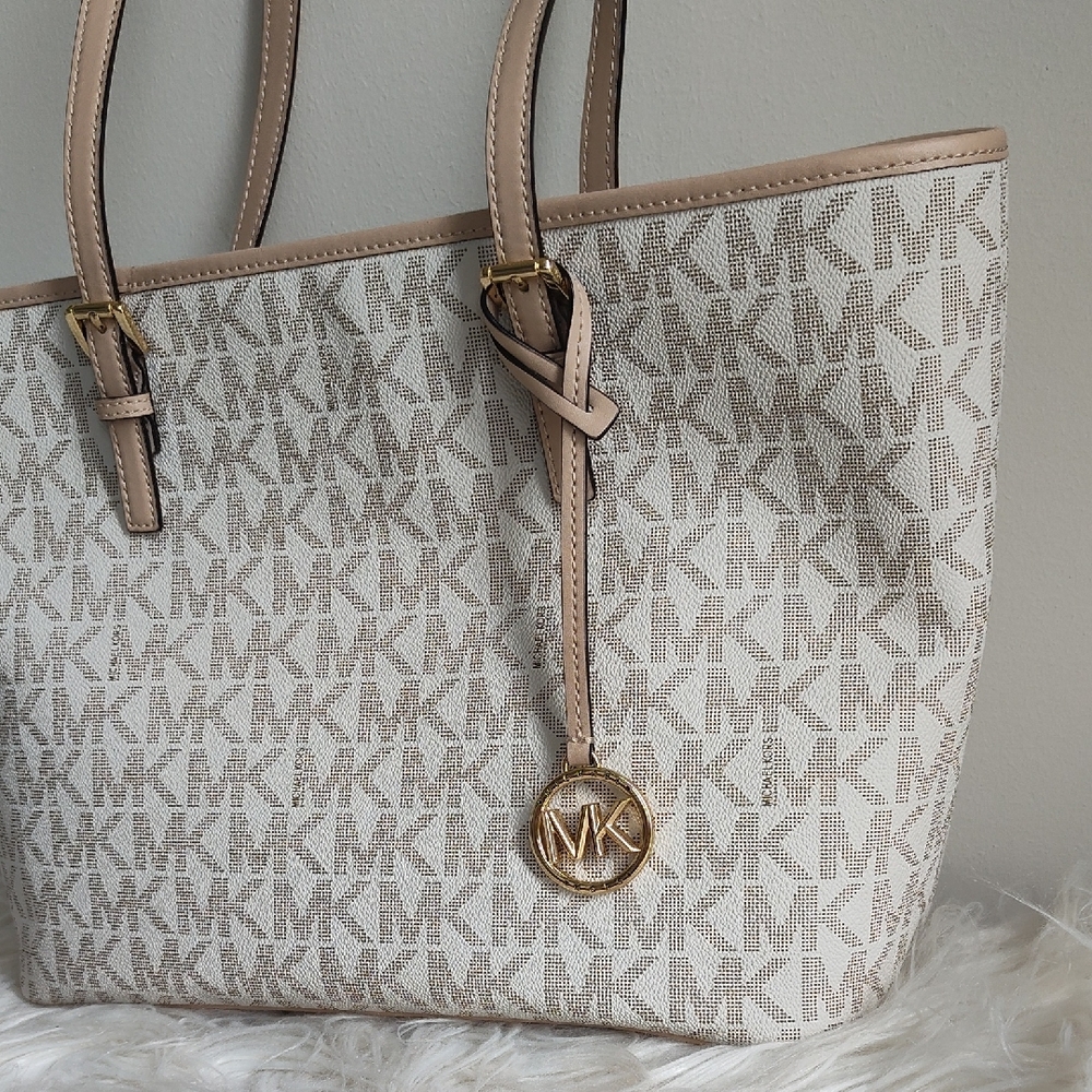 Michael Kors Cream Signature Tote with Leather Trim - Picture 2 of 12